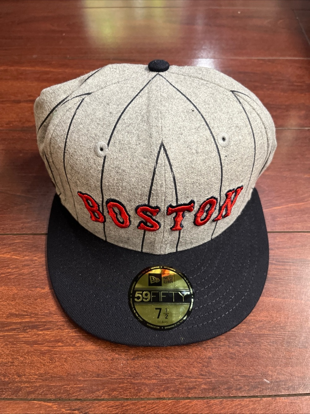 7 1/2 Boston Red Sox Heather Pinstripe New Era 59Fifty Fitted Hat Gray Cap New